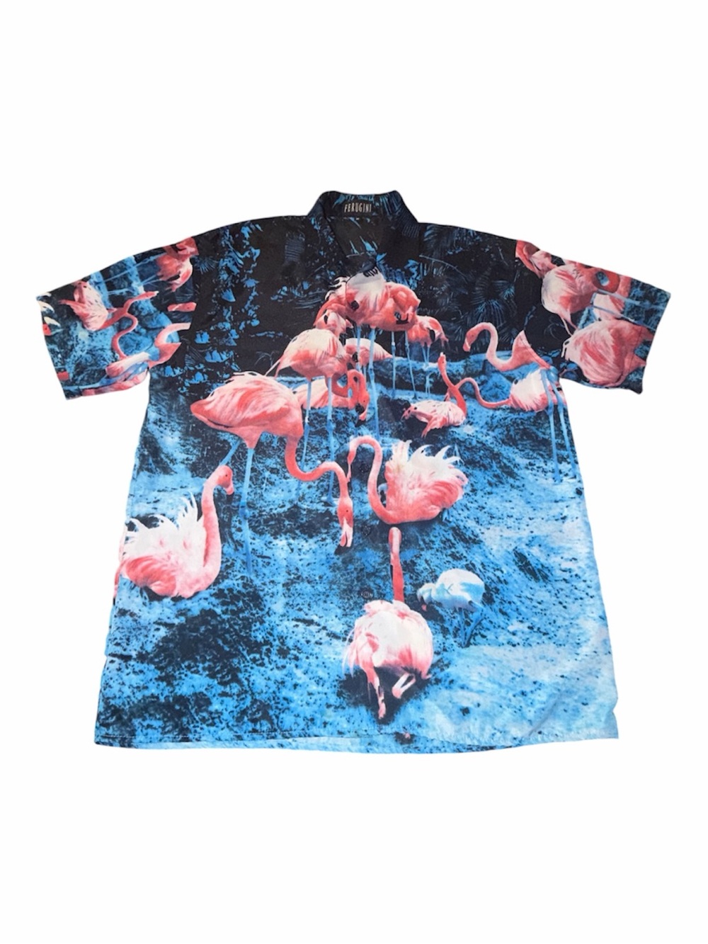 Ferugini Men’s Flamingo Print Camp Shirt Size M Short Sleeve Button Up